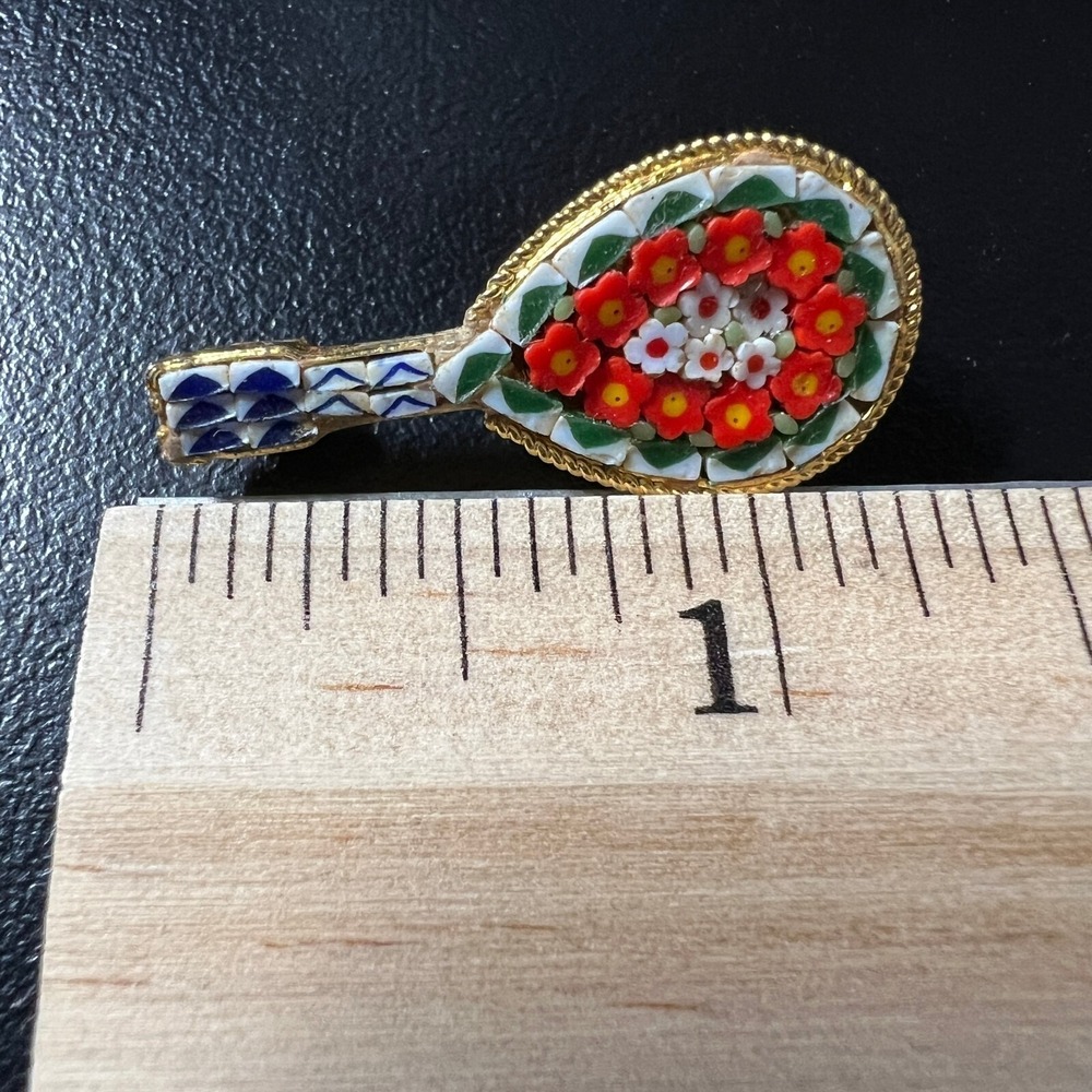 Vintage Micro Mosaic Lute Brooch Orange White Flowers Gold Tone Pin - Picture 8 of 10